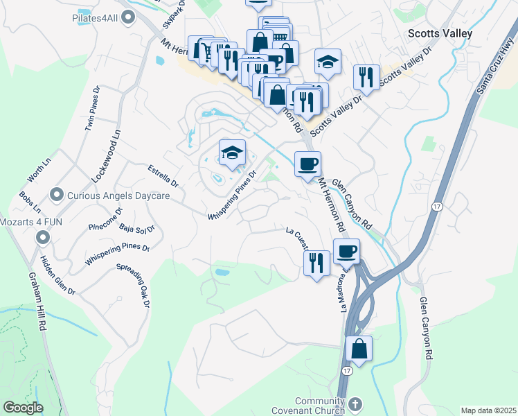 map of restaurants, bars, coffee shops, grocery stores, and more near 22 Carriage Lane in Scotts Valley