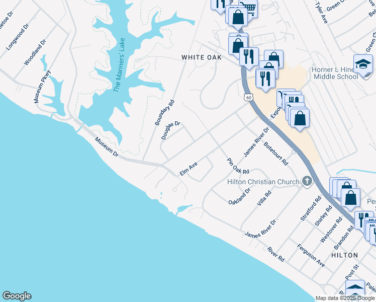 map of restaurants, bars, coffee shops, grocery stores, and more near 20 Cedar Lane in Newport News