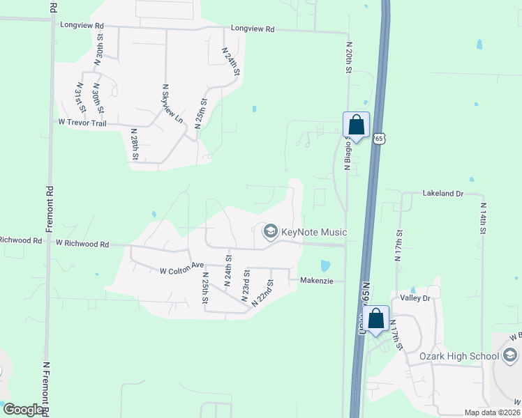 map of restaurants, bars, coffee shops, grocery stores, and more near 2121 North Williamsburg Lane in Ozark