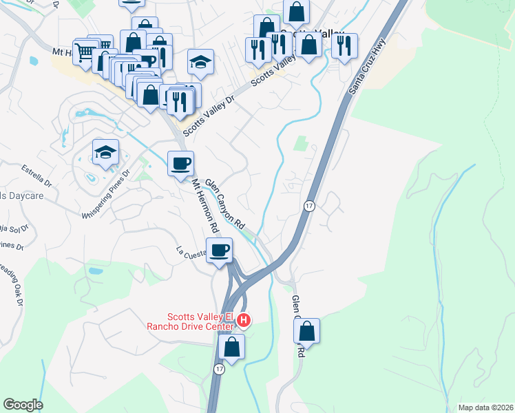 map of restaurants, bars, coffee shops, grocery stores, and more near 115 Kirkorian Court in Scotts Valley