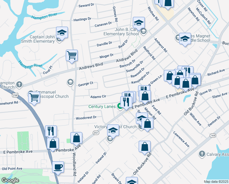 map of restaurants, bars, coffee shops, grocery stores, and more near 1529 Adams Circle in Hampton