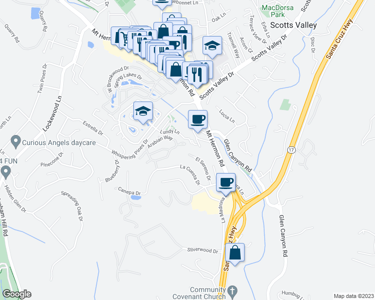 map of restaurants, bars, coffee shops, grocery stores, and more near 280 El Sereno Drive in Scotts Valley