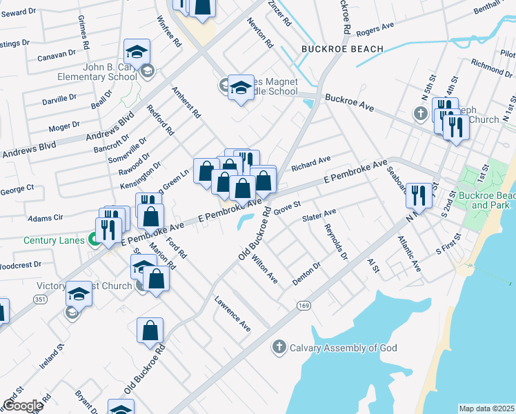 map of restaurants, bars, coffee shops, grocery stores, and more near 1413 Old Buckroe Road in Hampton