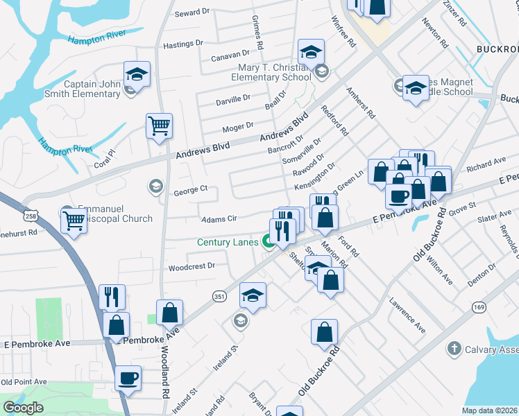 map of restaurants, bars, coffee shops, grocery stores, and more near 1534 Adams Circle in Hampton