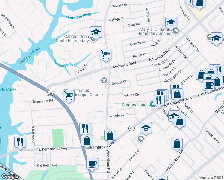 map of restaurants, bars, coffee shops, grocery stores, and more near 1401 Adams Circle in Hampton