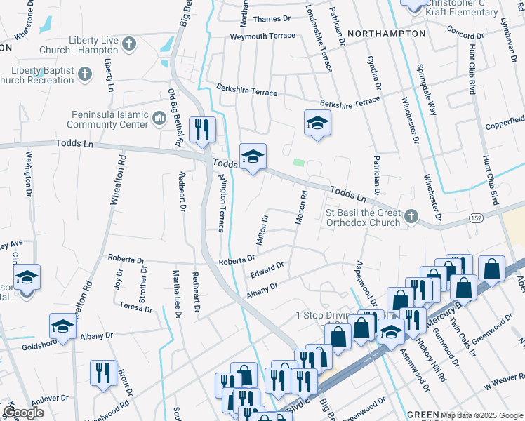 map of restaurants, bars, coffee shops, grocery stores, and more near 715 Milton Drive in Hampton