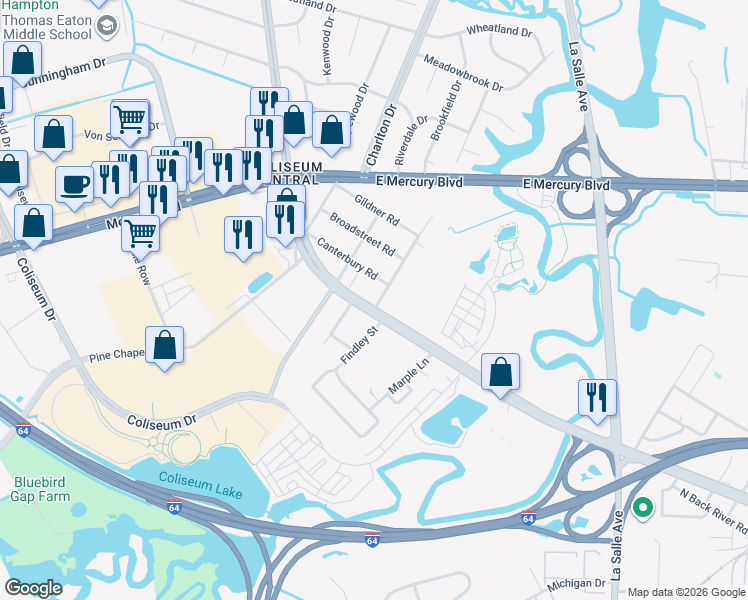 map of restaurants, bars, coffee shops, grocery stores, and more near 1796 North Armistead Avenue in Hampton
