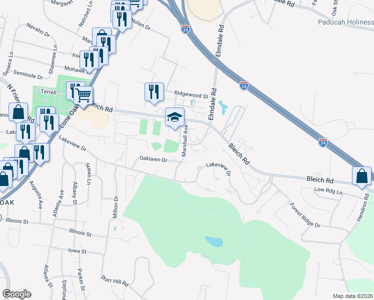 map of restaurants, bars, coffee shops, grocery stores, and more near 2540 Marshall Avenue in Paducah
