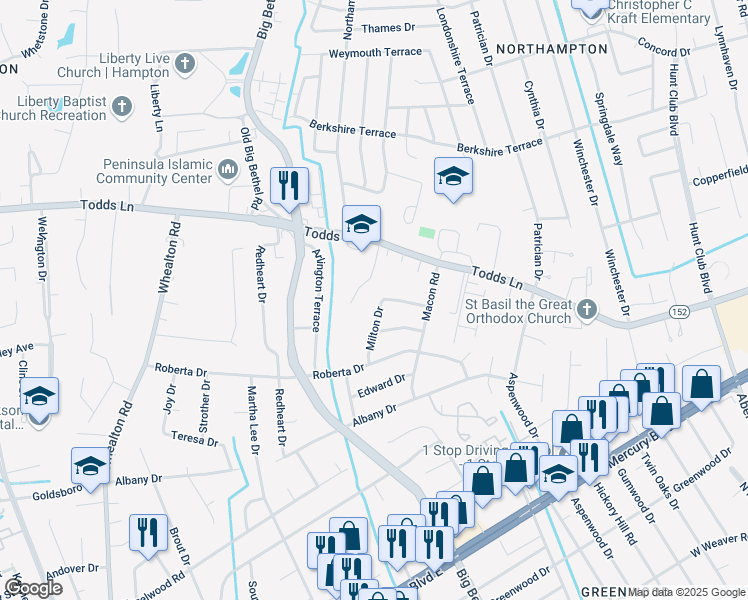 map of restaurants, bars, coffee shops, grocery stores, and more near 715 Milton Drive in Hampton