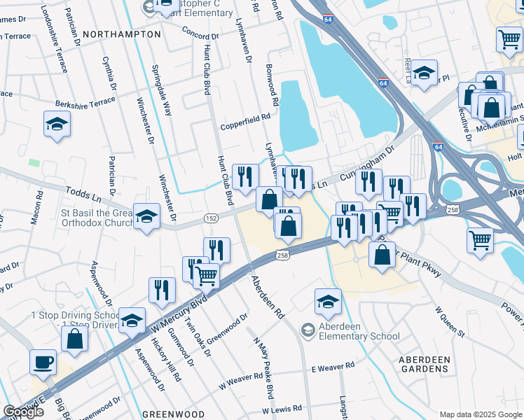 map of restaurants, bars, coffee shops, grocery stores, and more near 1718 Todds Lane in Hampton