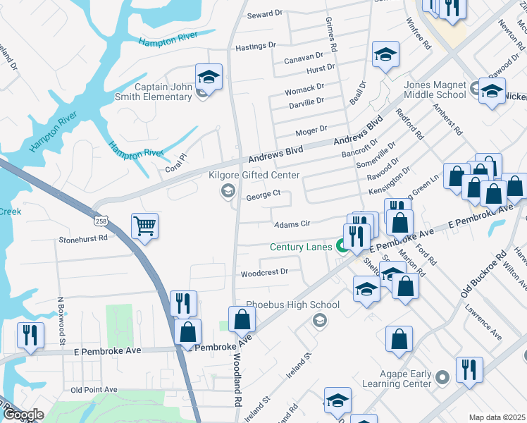 map of restaurants, bars, coffee shops, grocery stores, and more near 3 George Court in Hampton