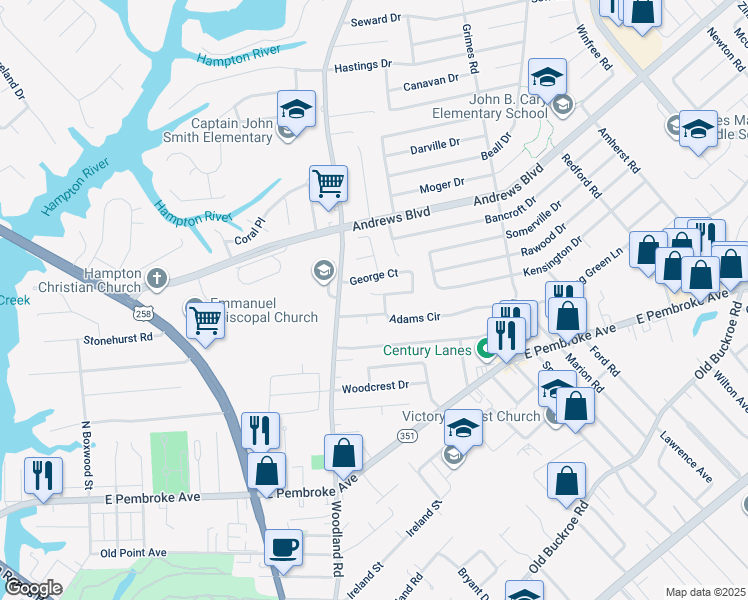 map of restaurants, bars, coffee shops, grocery stores, and more near 3 George Court in Hampton