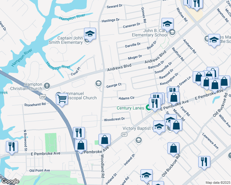 map of restaurants, bars, coffee shops, grocery stores, and more near 1415 Adams Circle in Hampton