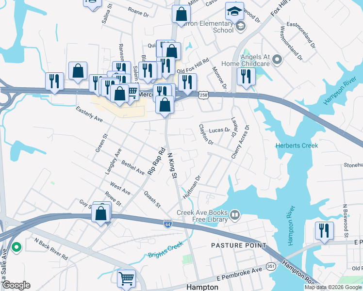 map of restaurants, bars, coffee shops, grocery stores, and more near 102 St.George Way in Hampton