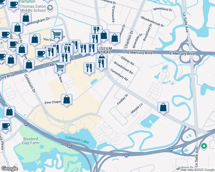 map of restaurants, bars, coffee shops, grocery stores, and more near 1815 North Armistead Avenue in Hampton