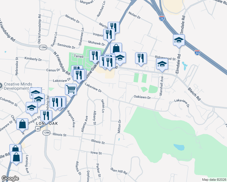 map of restaurants, bars, coffee shops, grocery stores, and more near 330 Lakeview Drive in Paducah