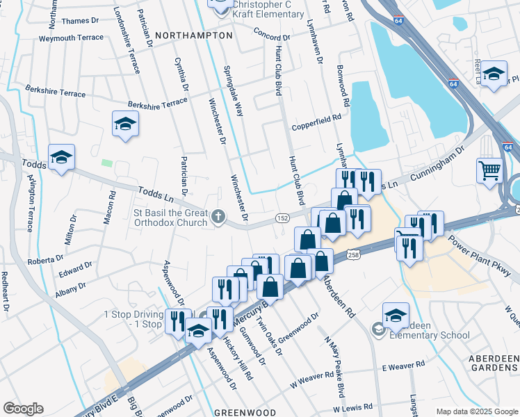 map of restaurants, bars, coffee shops, grocery stores, and more near 5 Bruins Way in Hampton