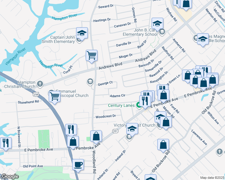 map of restaurants, bars, coffee shops, grocery stores, and more near 12 George Court in Hampton