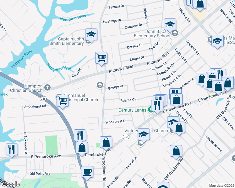 map of restaurants, bars, coffee shops, grocery stores, and more near 1415 Adams Circle in Hampton