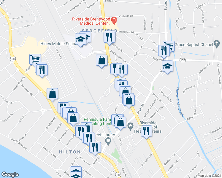 map of restaurants, bars, coffee shops, grocery stores, and more near 434 Eureka Loop in Newport News