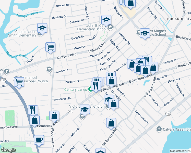 map of restaurants, bars, coffee shops, grocery stores, and more near 1545 Adams Circle in Hampton