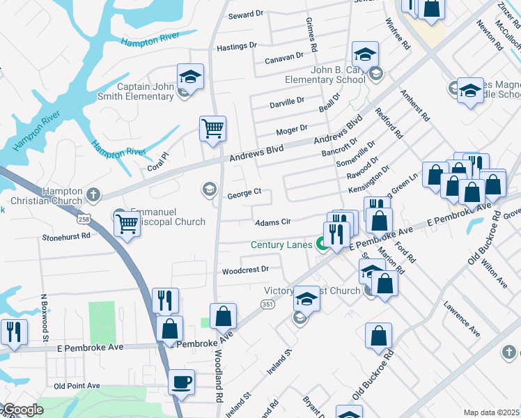 map of restaurants, bars, coffee shops, grocery stores, and more near 12 George Court in Hampton