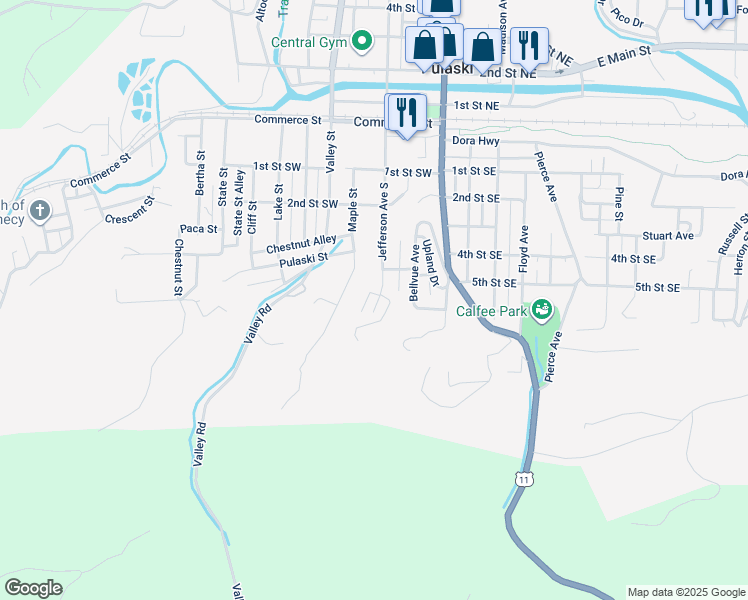 map of restaurants, bars, coffee shops, grocery stores, and more near 606 Jefferson Avenue South in Pulaski