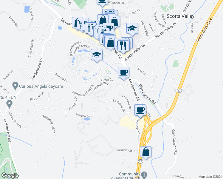 map of restaurants, bars, coffee shops, grocery stores, and more near 146 Arabian Way in Scotts Valley