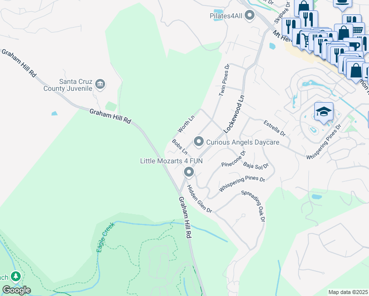 map of restaurants, bars, coffee shops, grocery stores, and more near 800 Sugar Pine Road in Scotts Valley