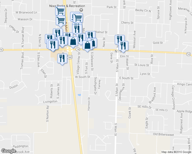 map of restaurants, bars, coffee shops, grocery stores, and more near 499 Southgate Dr in Nixa