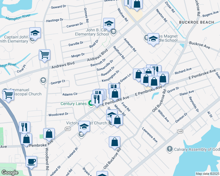 map of restaurants, bars, coffee shops, grocery stores, and more near 43 Phelps Circle in Hampton