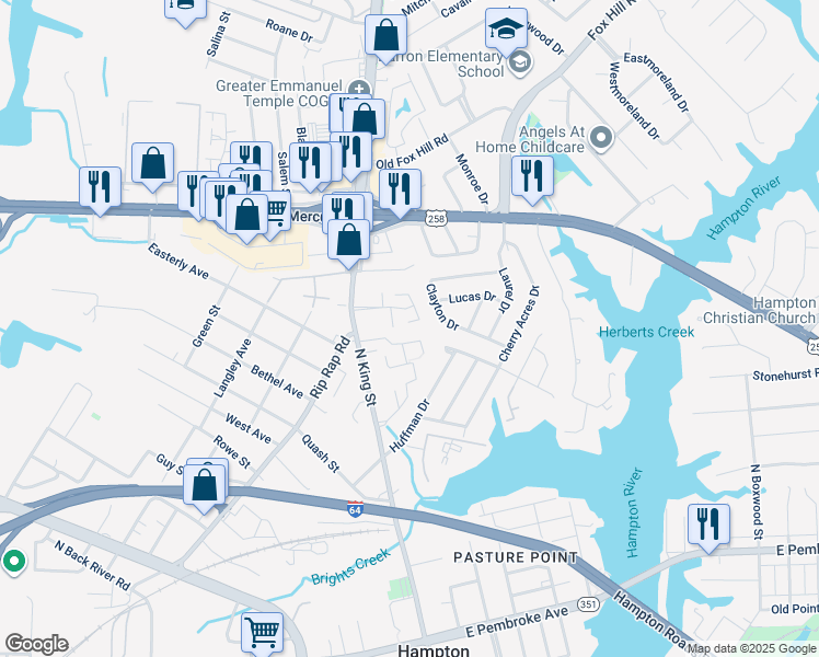 map of restaurants, bars, coffee shops, grocery stores, and more near 41 South Gawain Way in Hampton