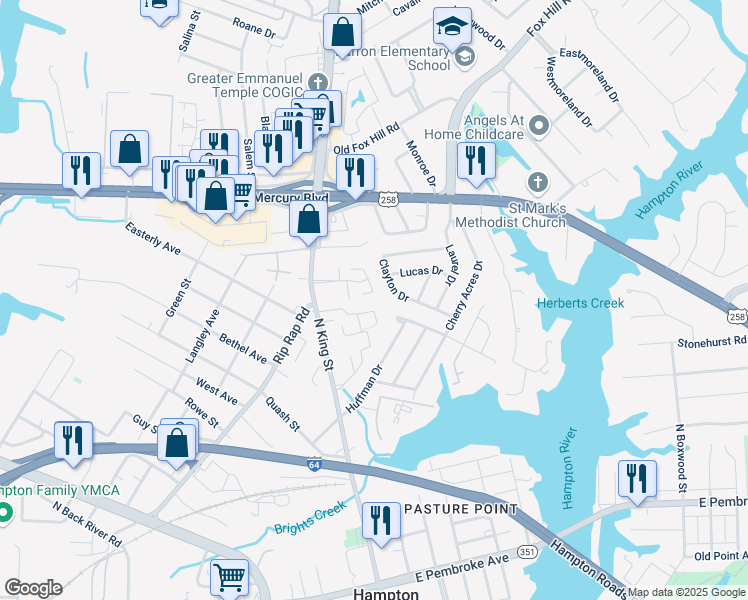 map of restaurants, bars, coffee shops, grocery stores, and more near 31 South Gawain Way in Hampton