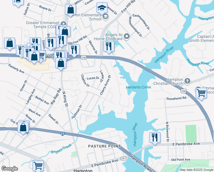 map of restaurants, bars, coffee shops, grocery stores, and more near 1 Jennifer Lane in Hampton