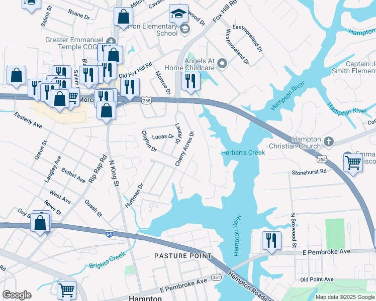 map of restaurants, bars, coffee shops, grocery stores, and more near 1 Jennifer Lane in Hampton