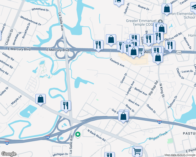 map of restaurants, bars, coffee shops, grocery stores, and more near 1501 Bethel Avenue in Hampton