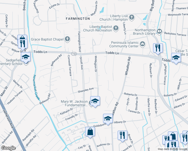 map of restaurants, bars, coffee shops, grocery stores, and more near 43 Wellington Drive in Hampton