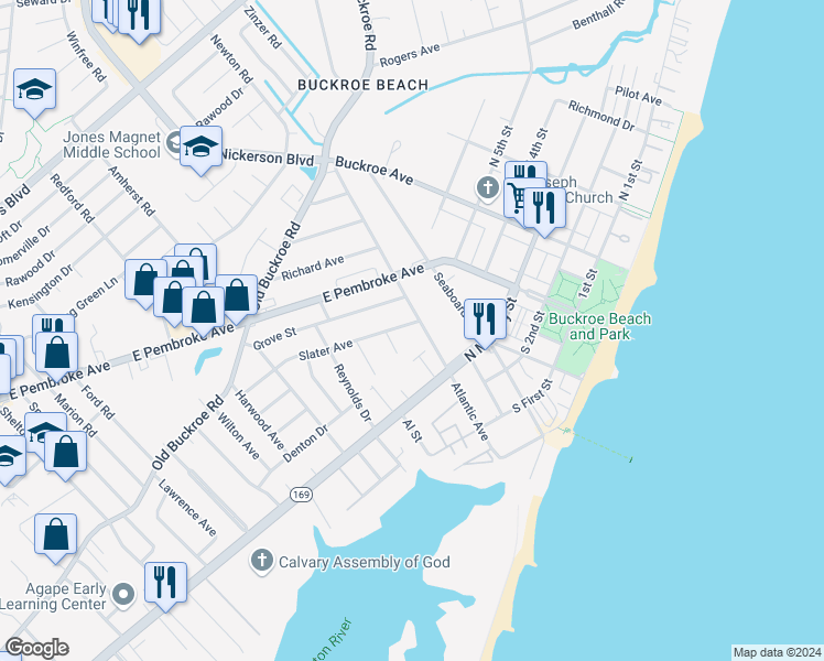 map of restaurants, bars, coffee shops, grocery stores, and more near 519 Slater Avenue in Hampton