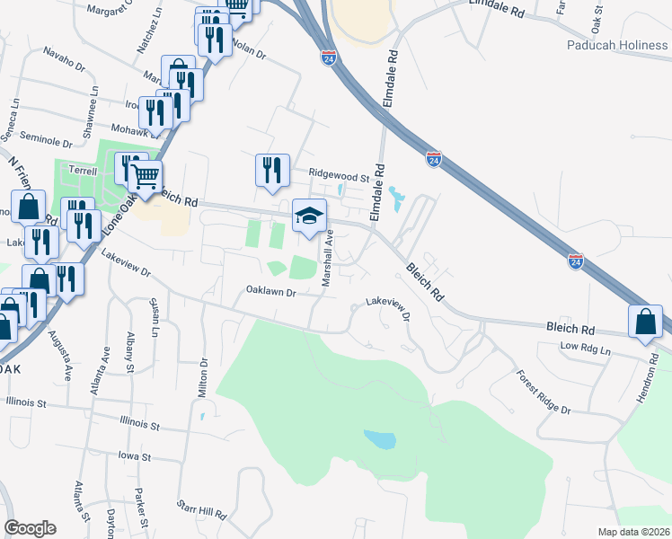 map of restaurants, bars, coffee shops, grocery stores, and more near 2540 Marshall Avenue in Paducah
