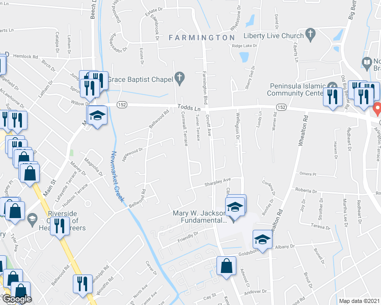 map of restaurants, bars, coffee shops, grocery stores, and more near 37 Cornwall Terrace in Hampton