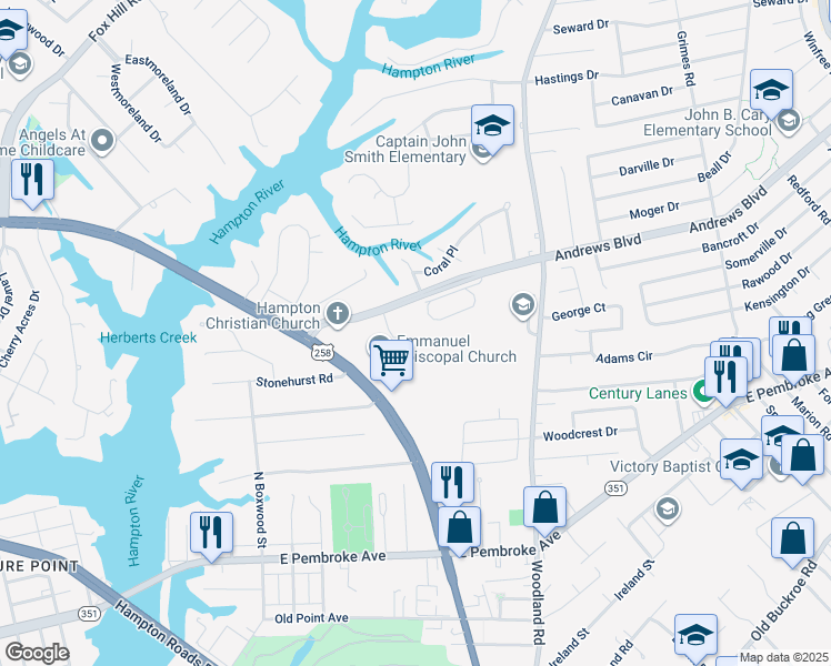 map of restaurants, bars, coffee shops, grocery stores, and more near 15 Pirates Cove in Hampton