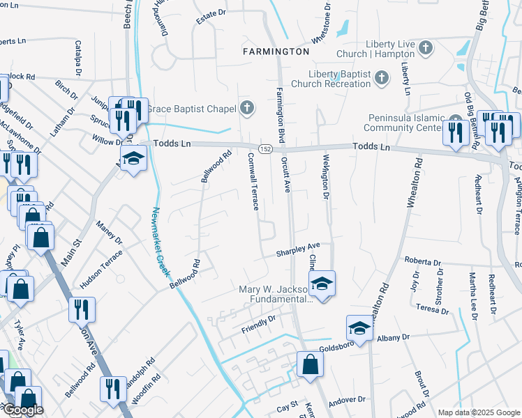 map of restaurants, bars, coffee shops, grocery stores, and more near 37 Cornwall Terrace in Hampton