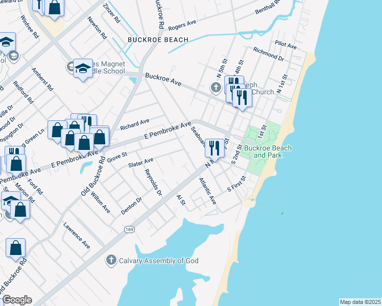 map of restaurants, bars, coffee shops, grocery stores, and more near 324 Atlantic Avenue in Hampton