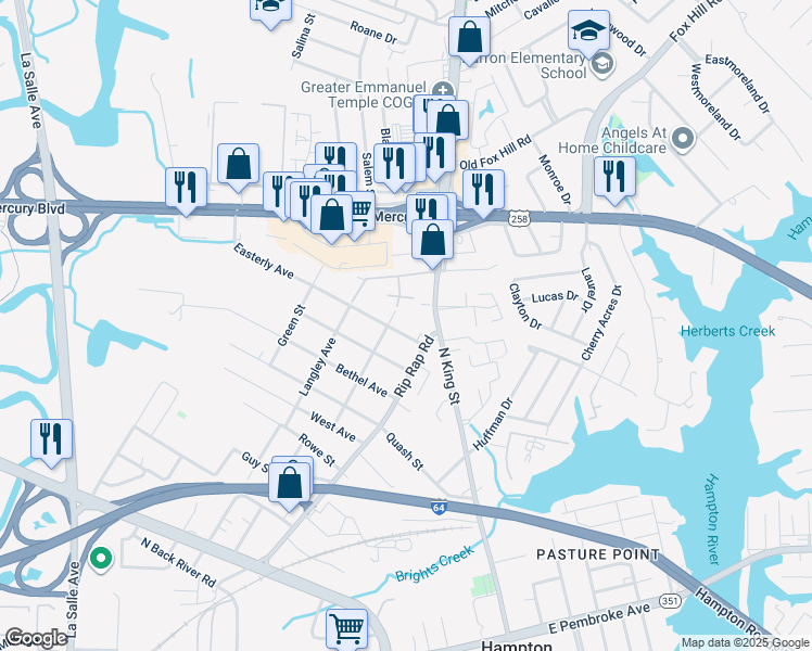 map of restaurants, bars, coffee shops, grocery stores, and more near 1018 Easterly Avenue in Hampton