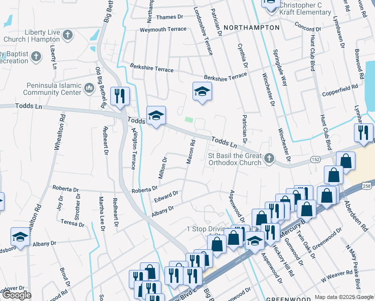 map of restaurants, bars, coffee shops, grocery stores, and more near 717 Macon Road in Hampton