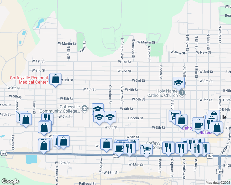 map of restaurants, bars, coffee shops, grocery stores, and more near 912 West 5th Street in Coffeyville