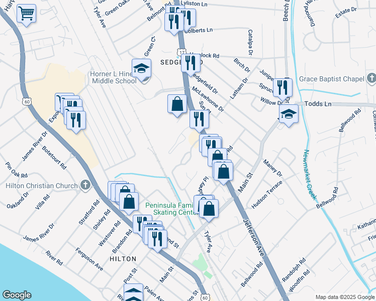 map of restaurants, bars, coffee shops, grocery stores, and more near 451 Eureka Loop in Newport News