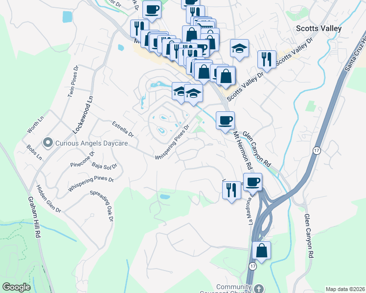 map of restaurants, bars, coffee shops, grocery stores, and more near 29 Arabian Way in Scotts Valley