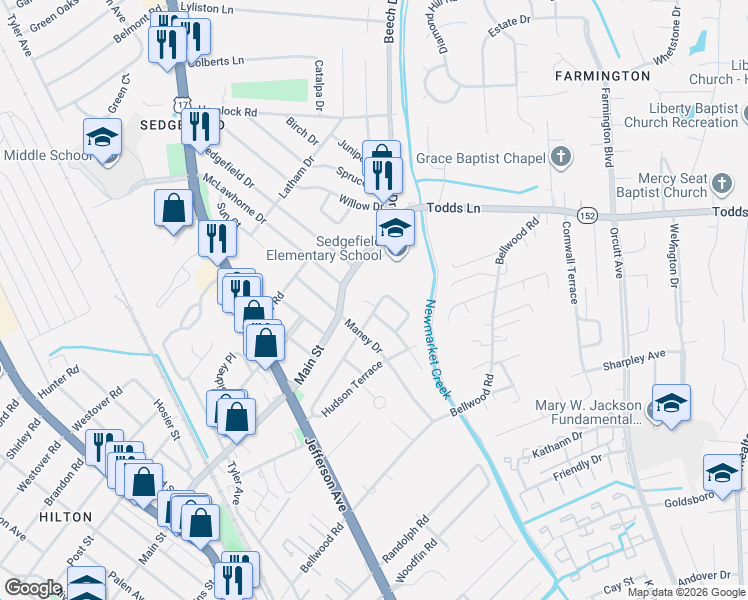 map of restaurants, bars, coffee shops, grocery stores, and more near 801 Lafayette Terrace in Newport News