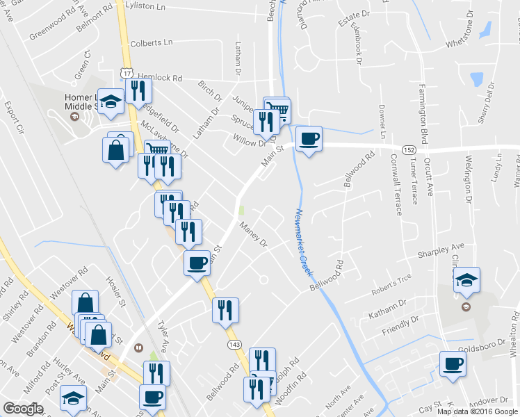 map of restaurants, bars, coffee shops, grocery stores, and more near 807 Lafayette Terrace in Newport News